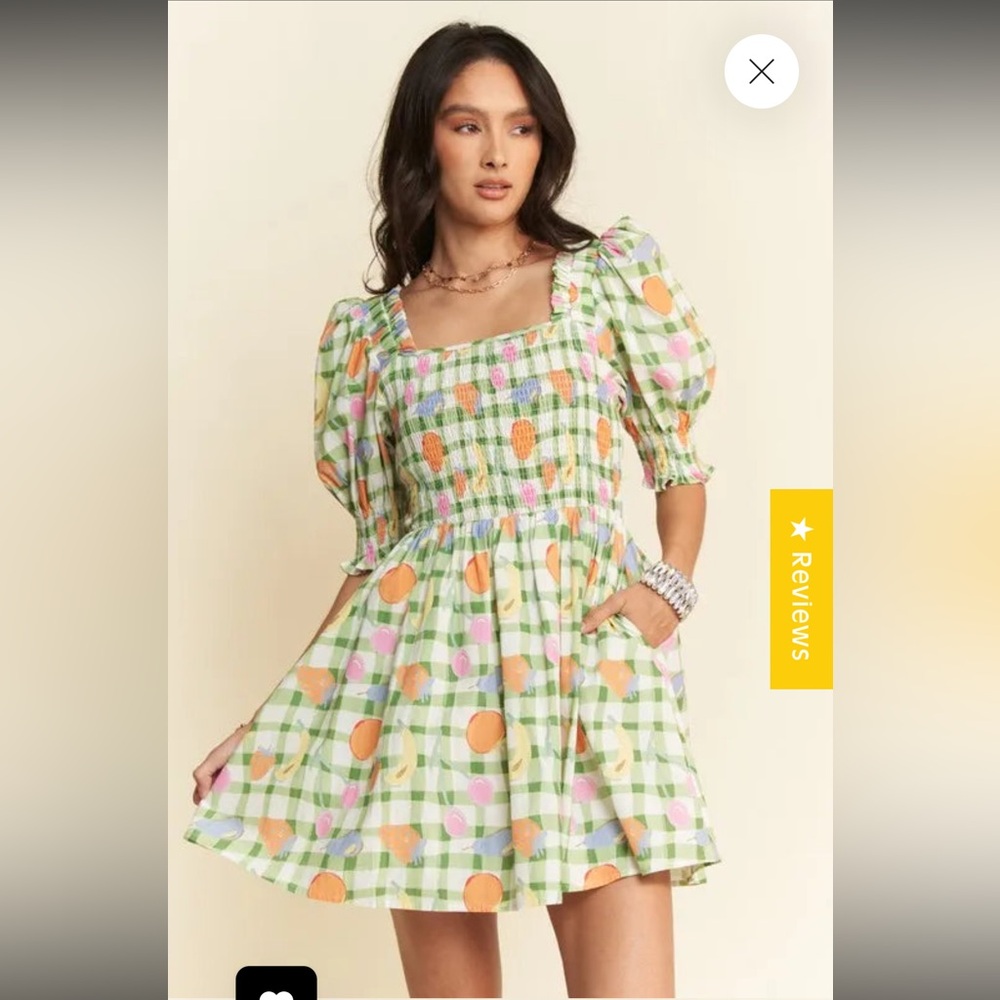 DAVI & DANI FRUITS PRINTED SMOCKING MINI DRESS size L NWT